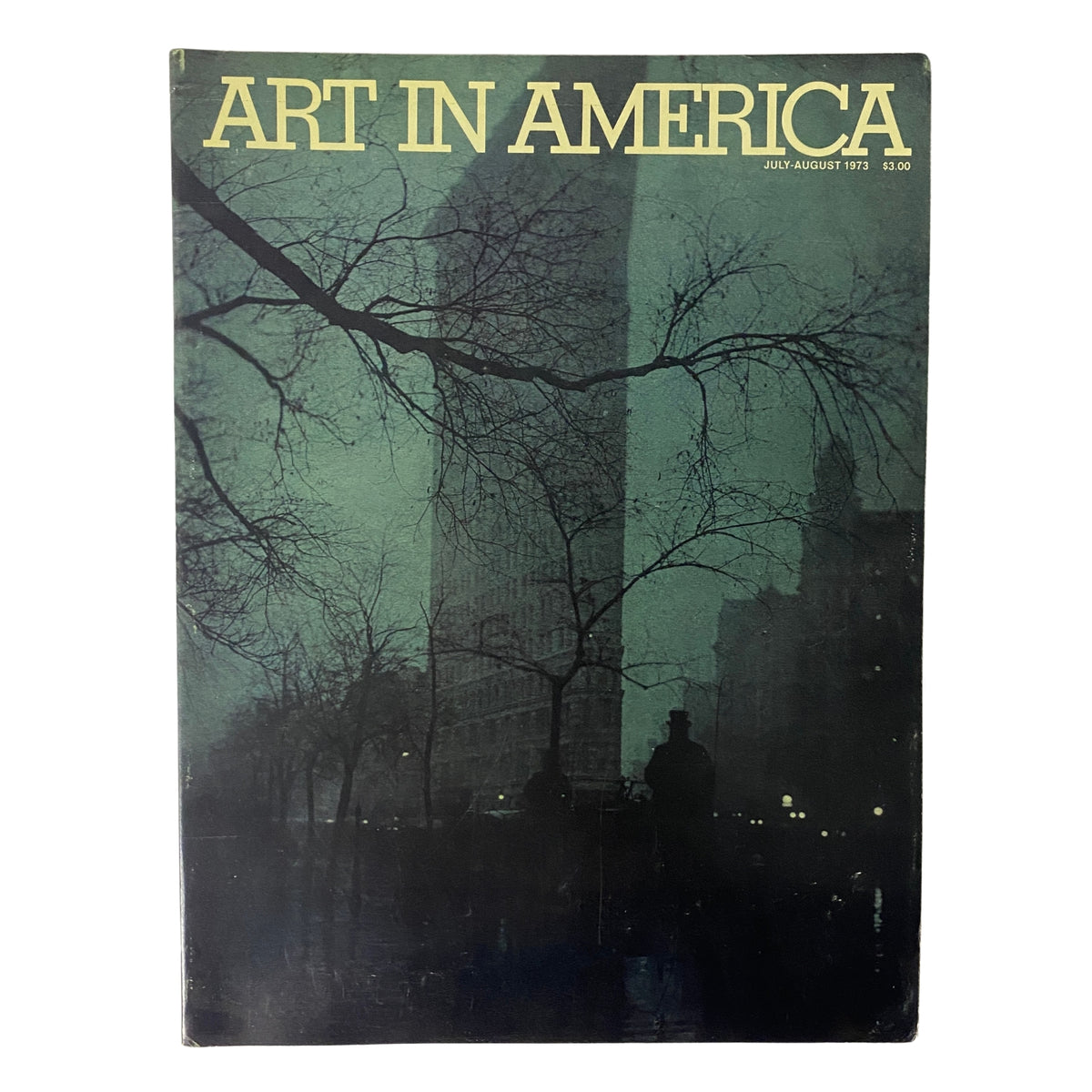 Cover of Art in America Magazine, July-August 1973, featuring Edward Steichen's photograph of the Flatiron Building. The vintage magazine is a collector's item highlighting American art history.