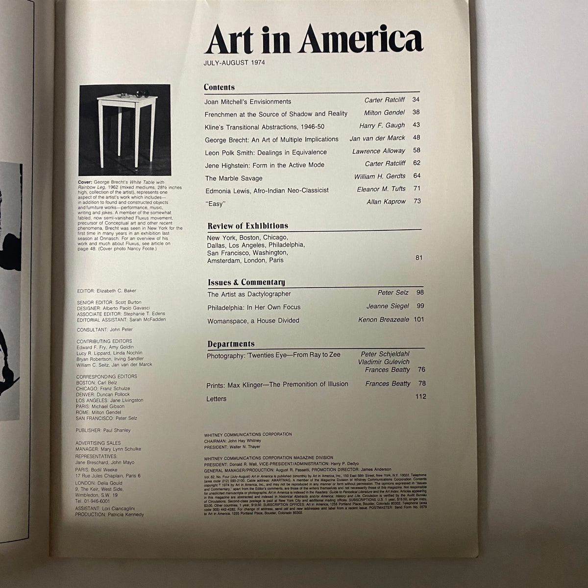 Art in America Magazine July 1974 table of contents featuring the cover art 'White Table with Rainbow Leg' by George Brecht, highlighting featured articles and exhibition reviews.