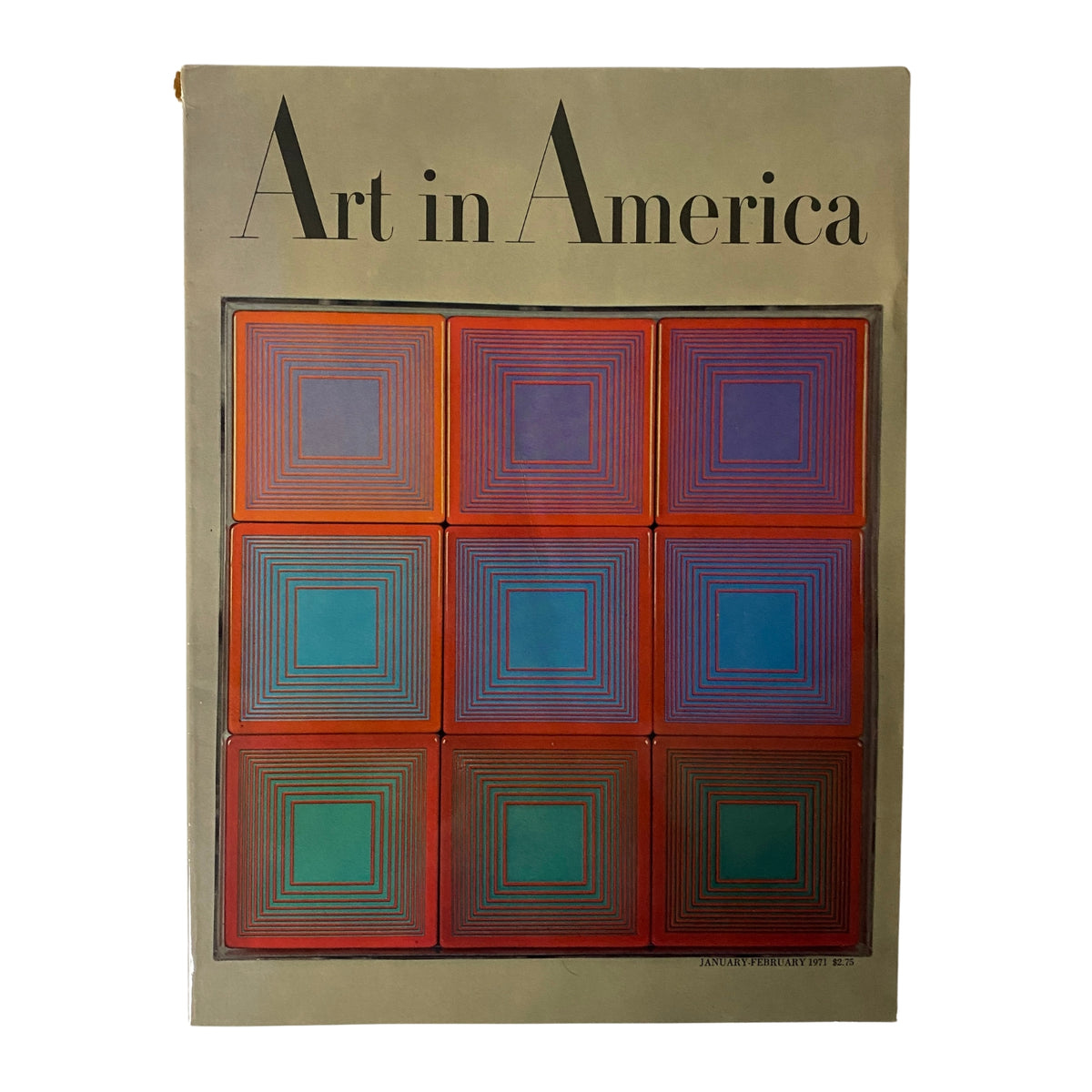 Cover of Art in America Magazine January 1971 featuring Richard Anuszkiewicz's vibrant coaster artwork.