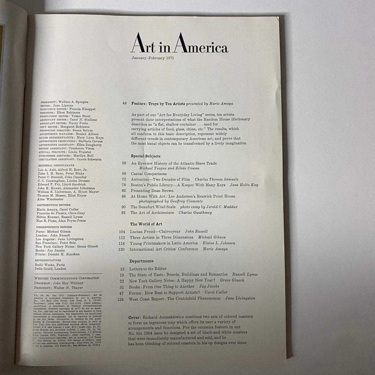 Inside pages of Art in America Magazine January 1971 showcasing the table of contents and featured articles.