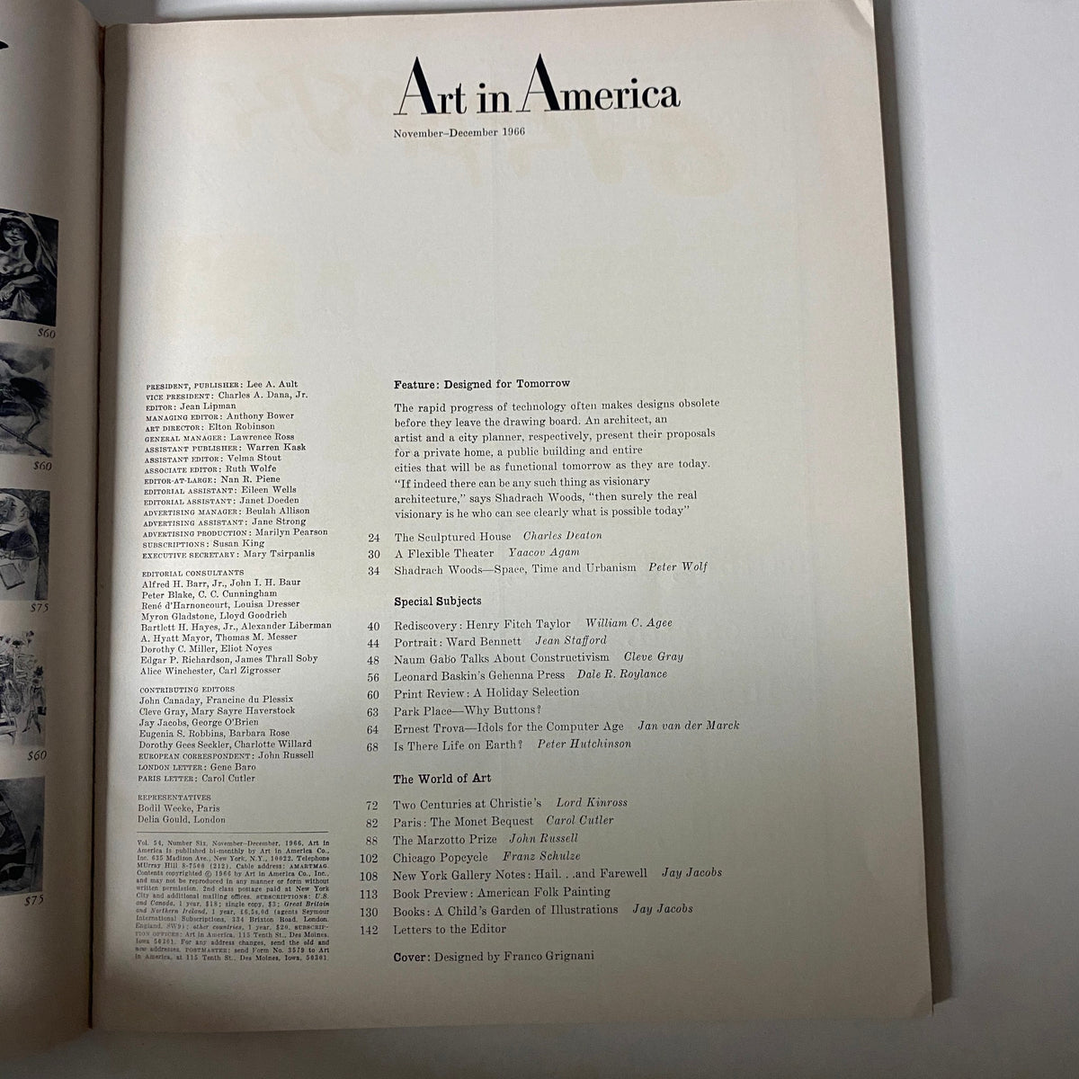 Interior page from Art in America Magazine November 1966 showcasing the table of contents and editorial features.