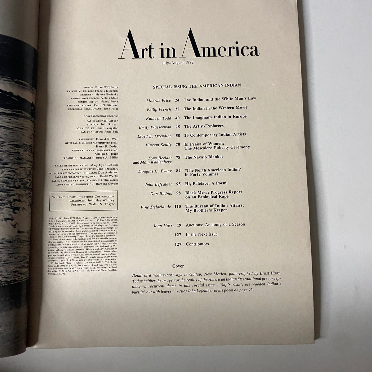 Inside page of Art in America Magazine July 1972 highlighting the table of contents for the special issue on the American Indian.