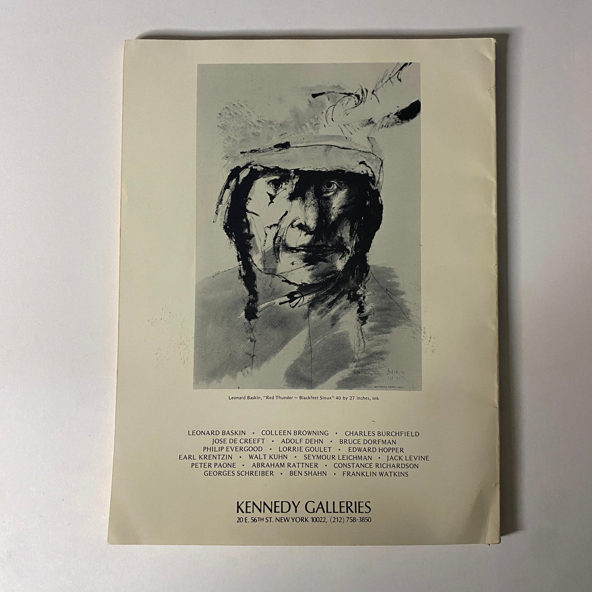 Back cover of Art in America Magazine July 1972 showcasing an artistic portrait titled 'Red Thunder' by Leonard Baskin along with the Kennedy Galleries' exhibition details.
