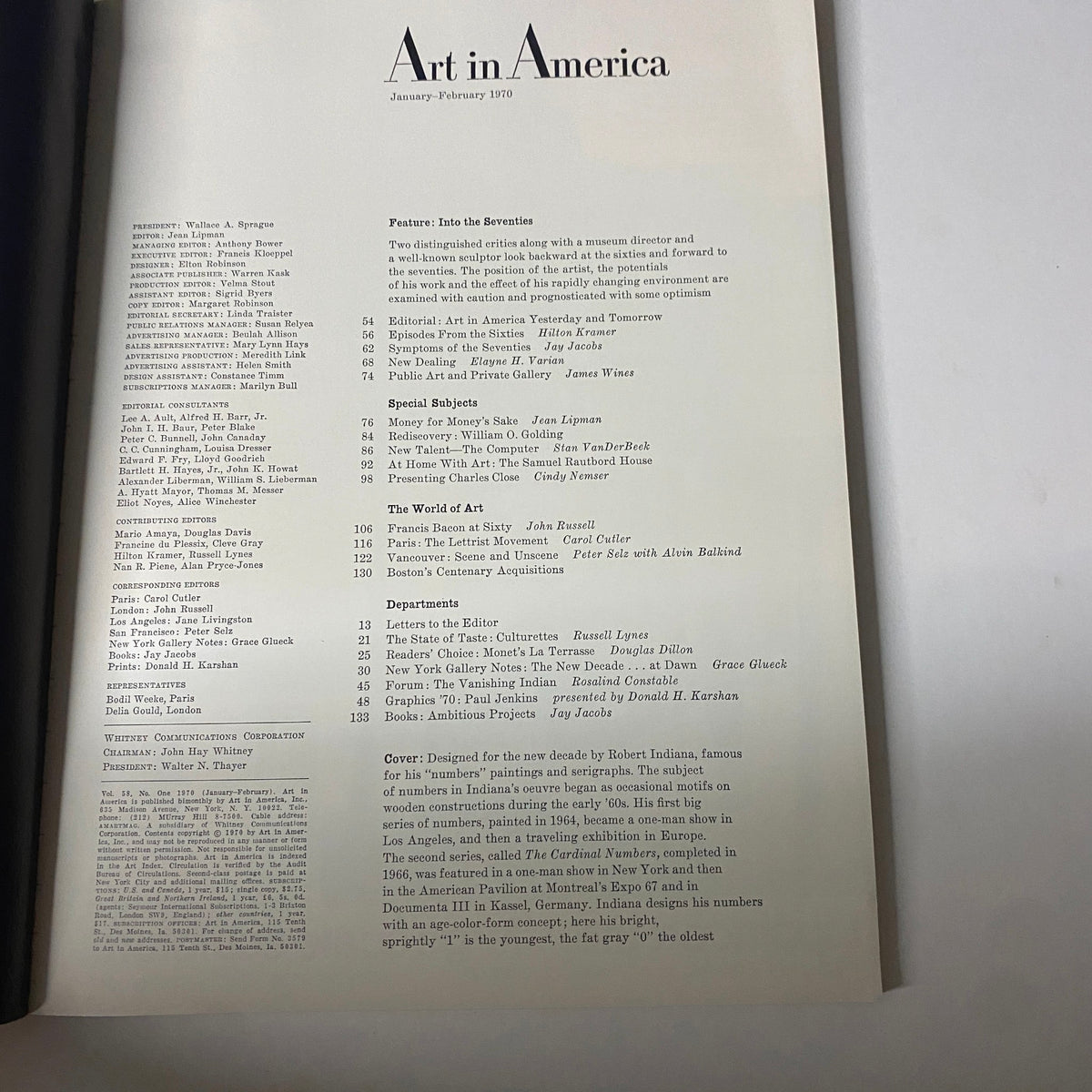 Interior page of 'Art in America Magazine' January 1970 featuring table of contents and editorial contributions, highlighting Robert Indiana's number-themed artwork.