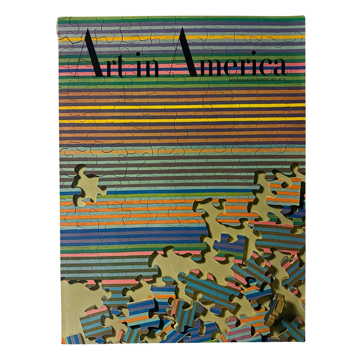 Cover of Art in America Magazine November 1969 featuring Gene Davis' 'Double Puzzle', a vibrant jigsaw painting with stripes in various colors, representing the Washington Color School.