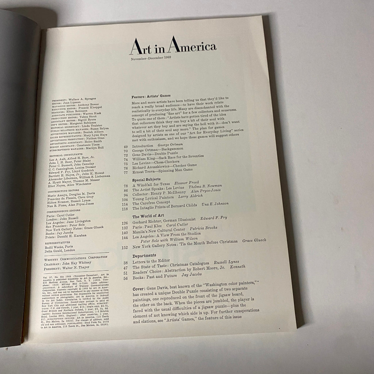 Table of contents for Art in America Magazine November 1969, featuring standout sections including 'Artists Games' and notable contributions from various artists.