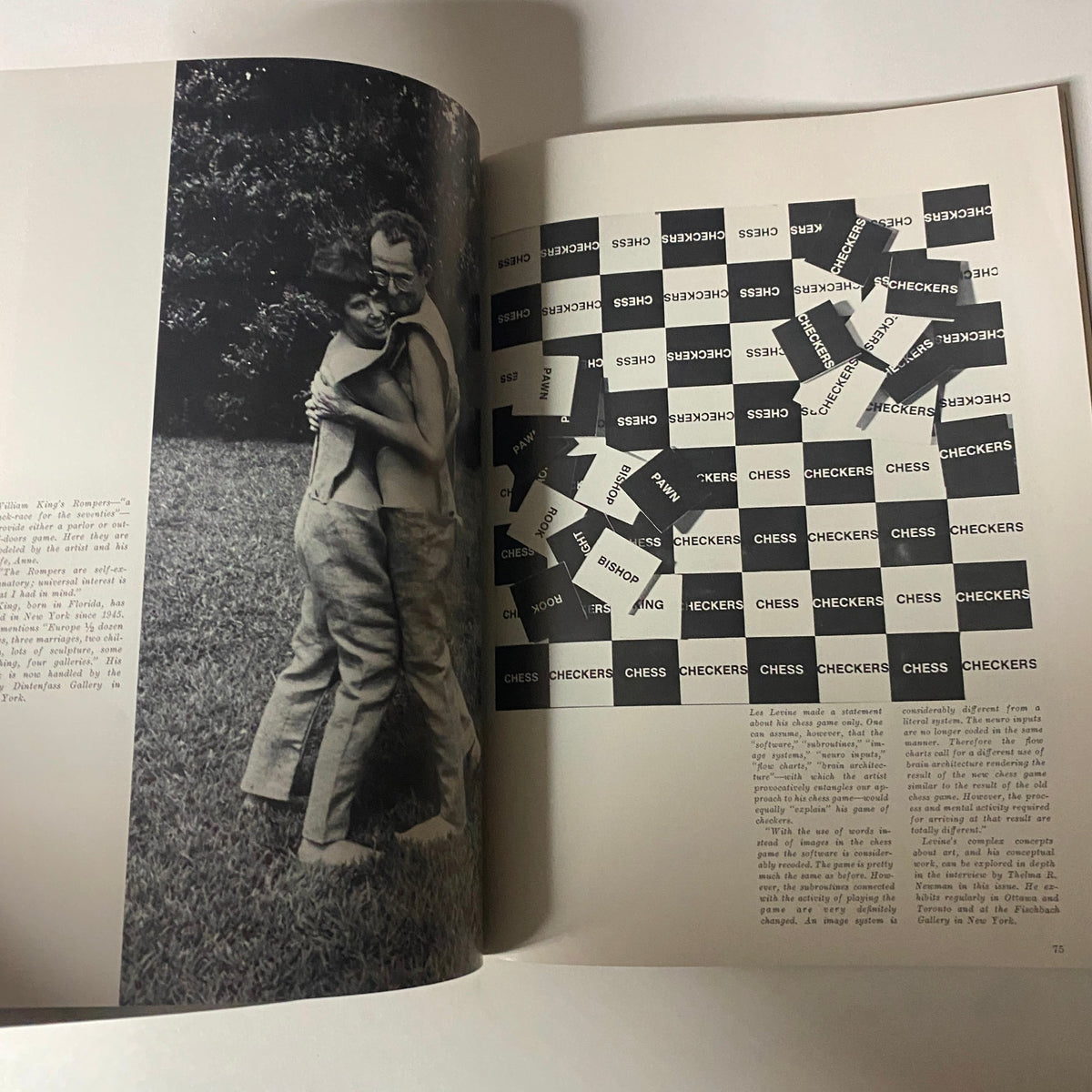 Interior page of Art in America Magazine November 1969 illustrating a game design titled 'Checkers and Chess' alongside a photograph of two individuals, capturing the interplay of art and interactive engagement.