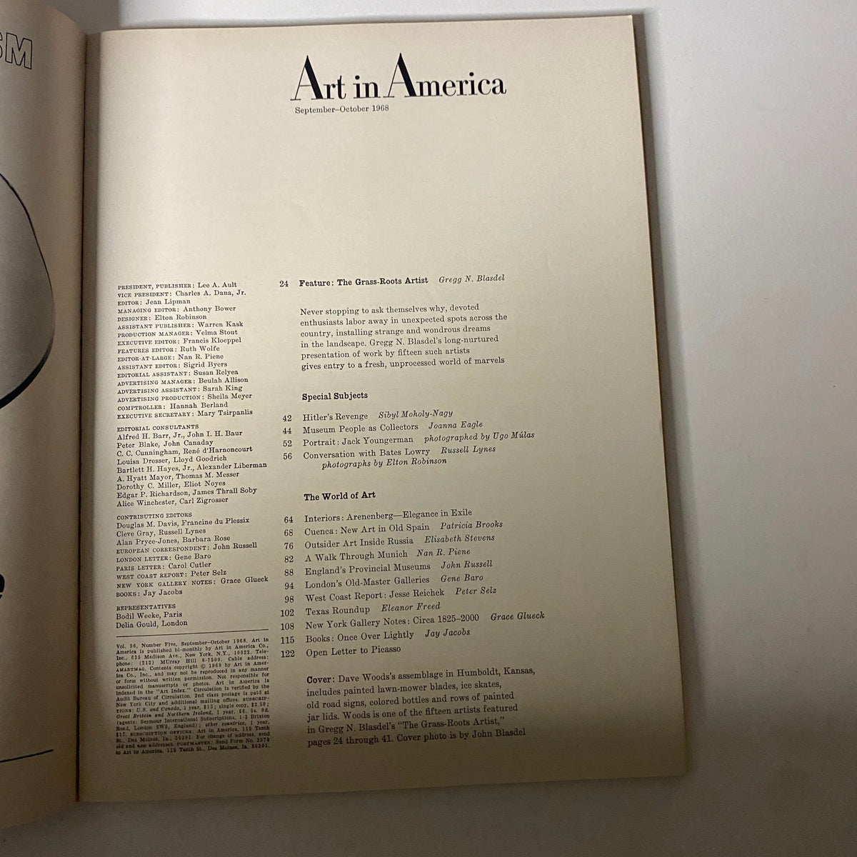 Contents page of Art in America Magazine September 1968 detailing featured articles, including 'The Grass-Roots Artist' by Gregg N. Blasdel.