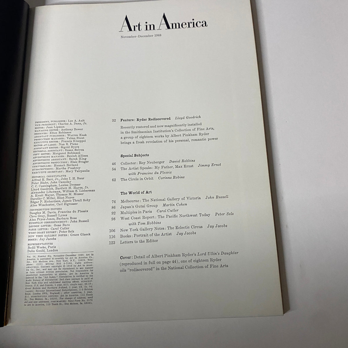 Table of contents page from the November-December 1968 issue of Art in America, highlighting articles including 'Ryder Rediscovered' and features on collector Roy Neuberger.