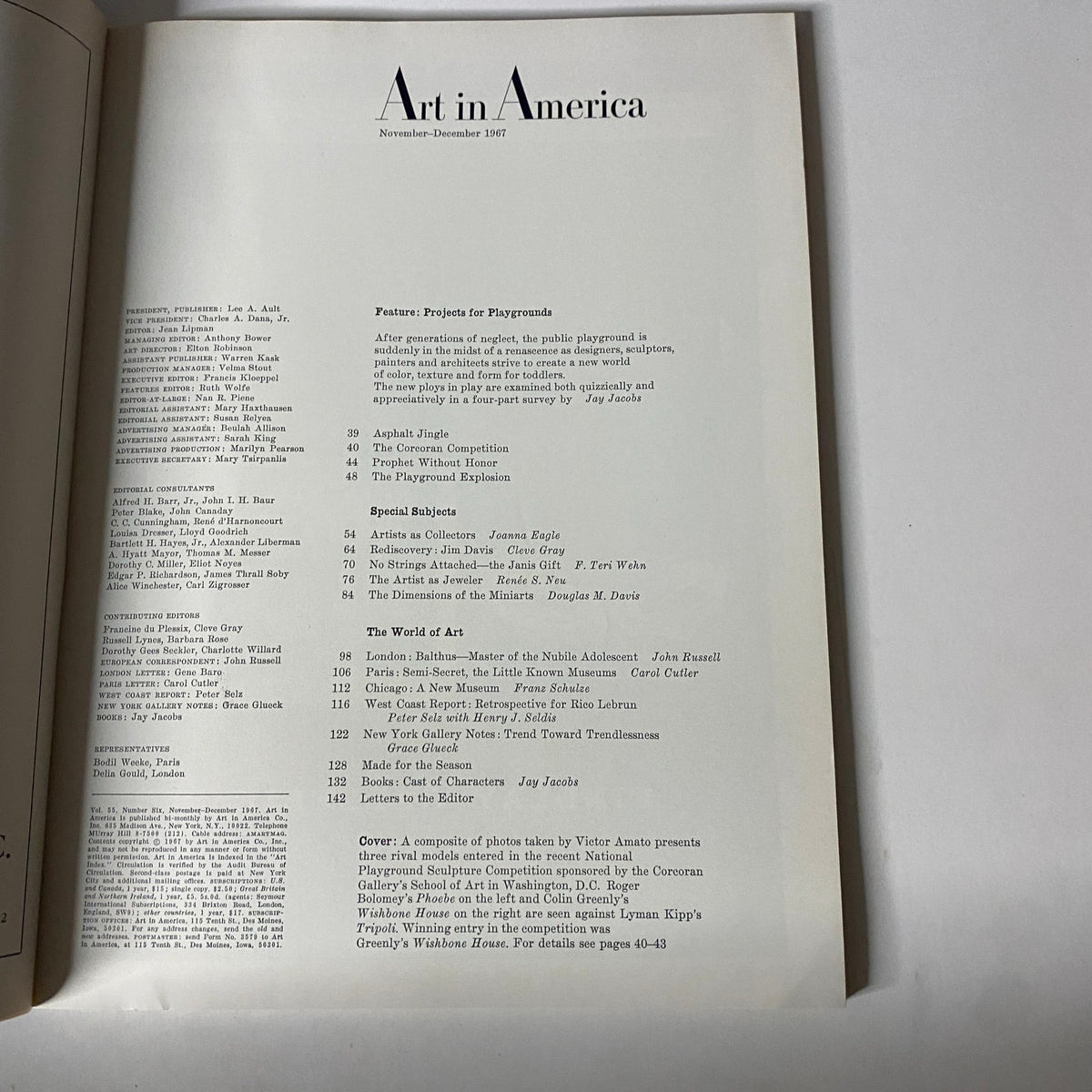 Table of contents page from Art in America Magazine November 1967, detailing featured articles and topics, including playground projects and notable artists.
