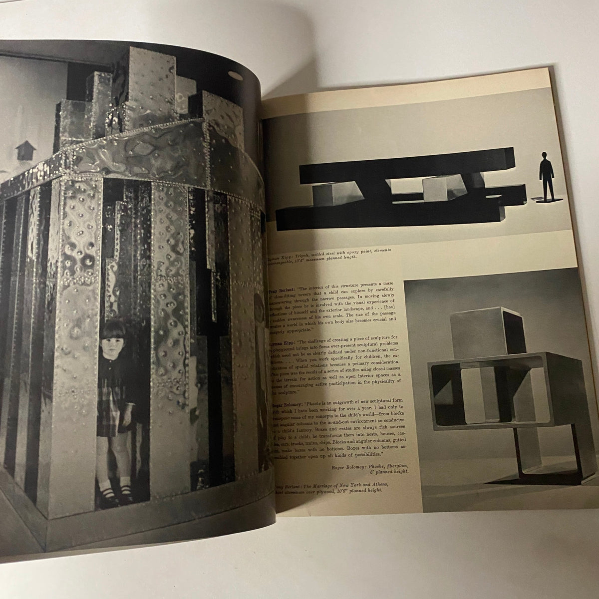Inside pages of Art in America Magazine from November 1967, showcasing playground design concepts with a creative photo and structural elements.