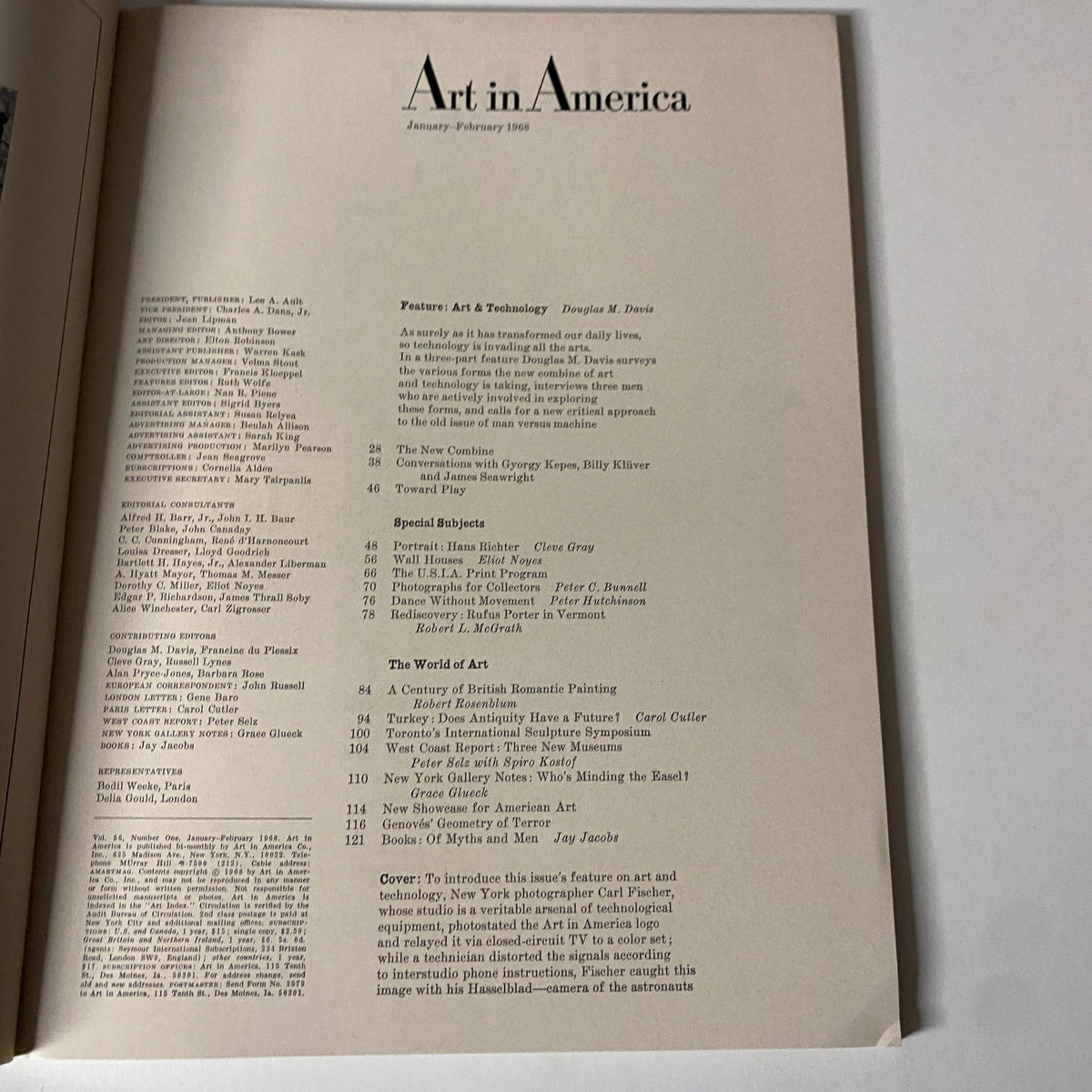 Table of contents from Art in America Magazine January 1968, detailing features on art and technology, artist interviews, and special subjects relevant to the era.
