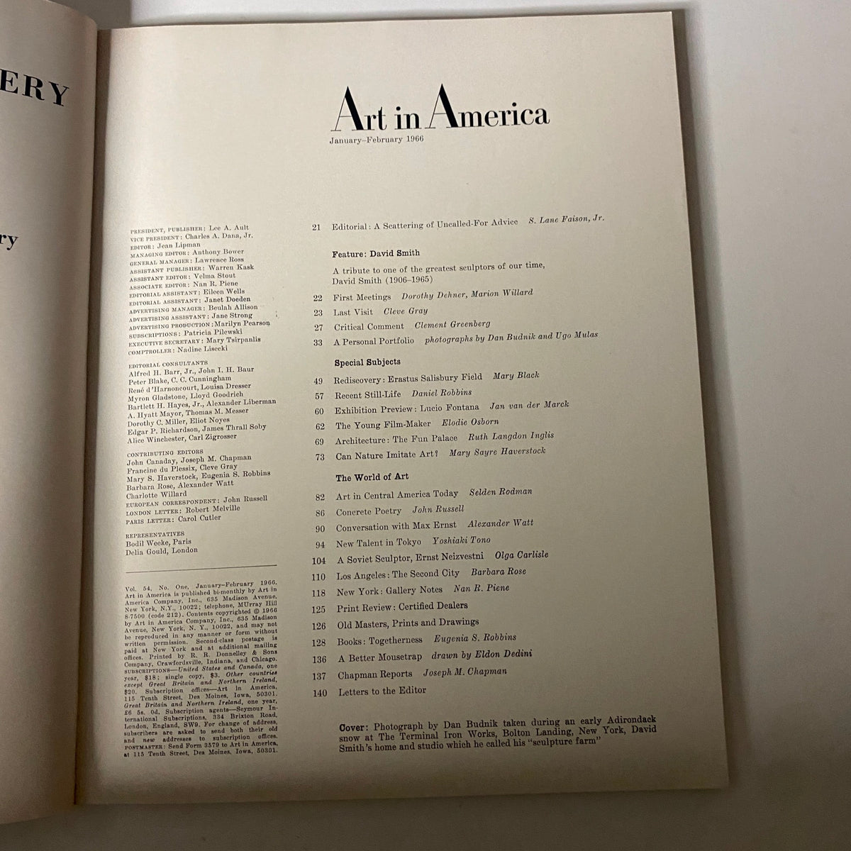 Interior page of Art in America Magazine January-February 1966 displaying the table of contents and featured articles.