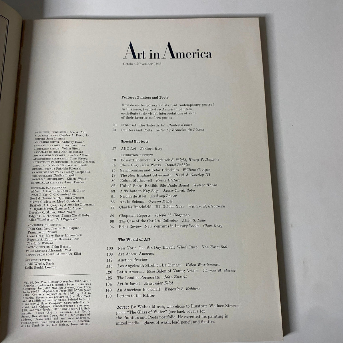 Contents page of 'Art in America' magazine, October 1965, highlighting featured articles and artists.
