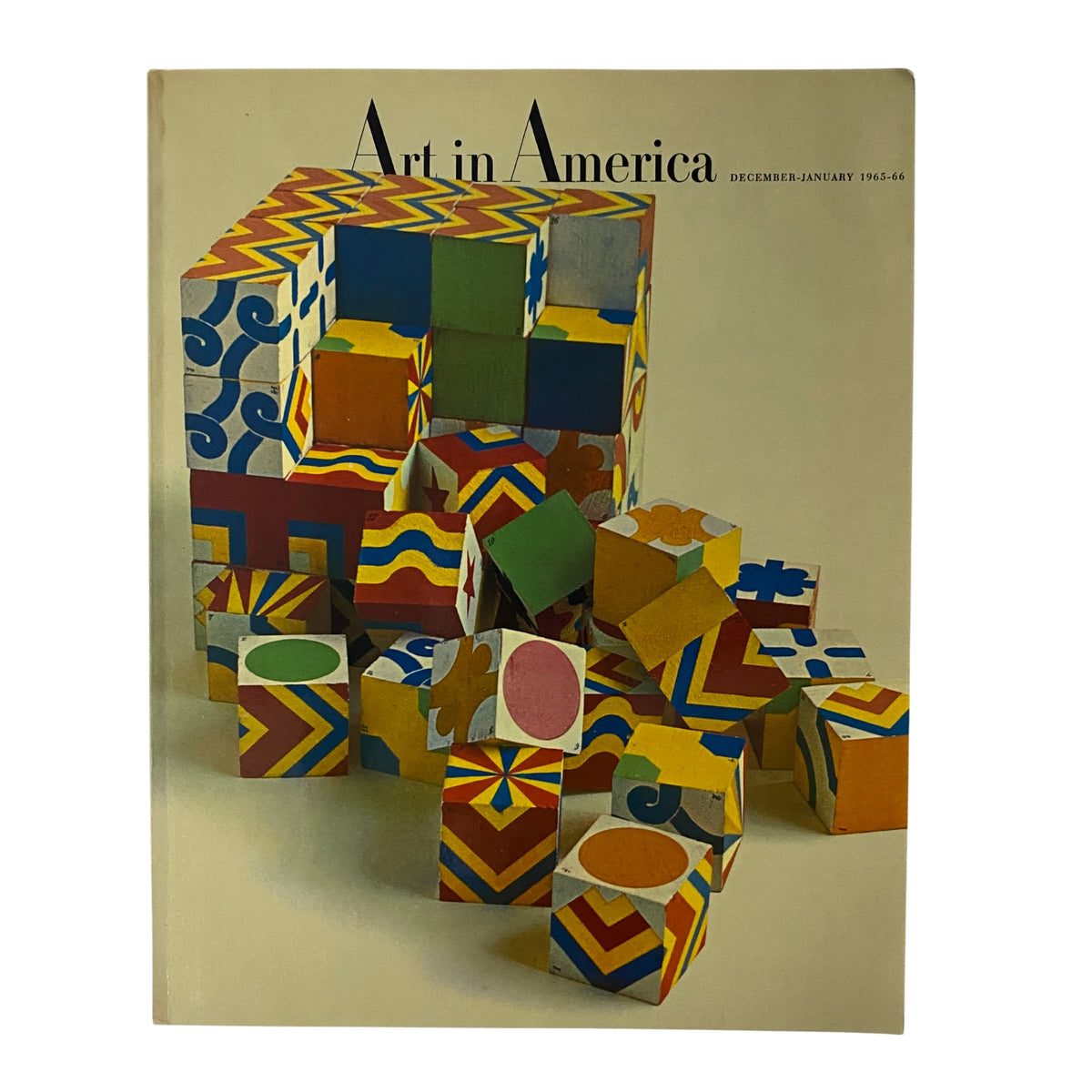 Cover of Art in America Magazine December 1965 featuring Milton Glaser’s colorful children’s blocks design, highlighting the era's art and design innovations.