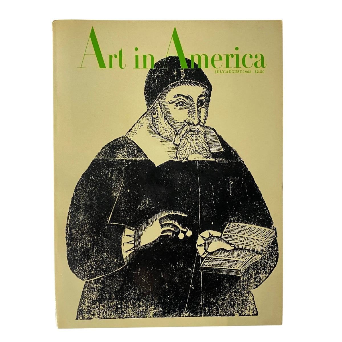 Cover of Art in America Magazine July 1968 featuring Mr. Richard Mather woodcut illustration by John Foster.