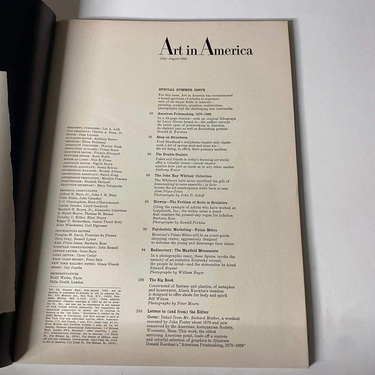 Inside pages of Art in America Magazine July 1968 detailing article contents and features.