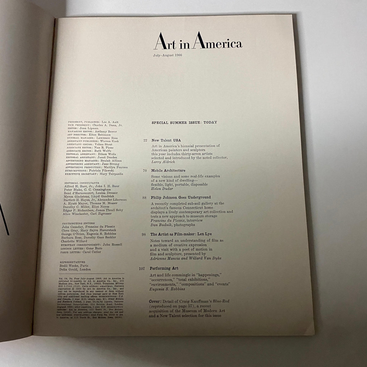 Table of contents page from Art in America Magazine July 1966, listing featured articles and artists including New Talent USA and mobile architecture.