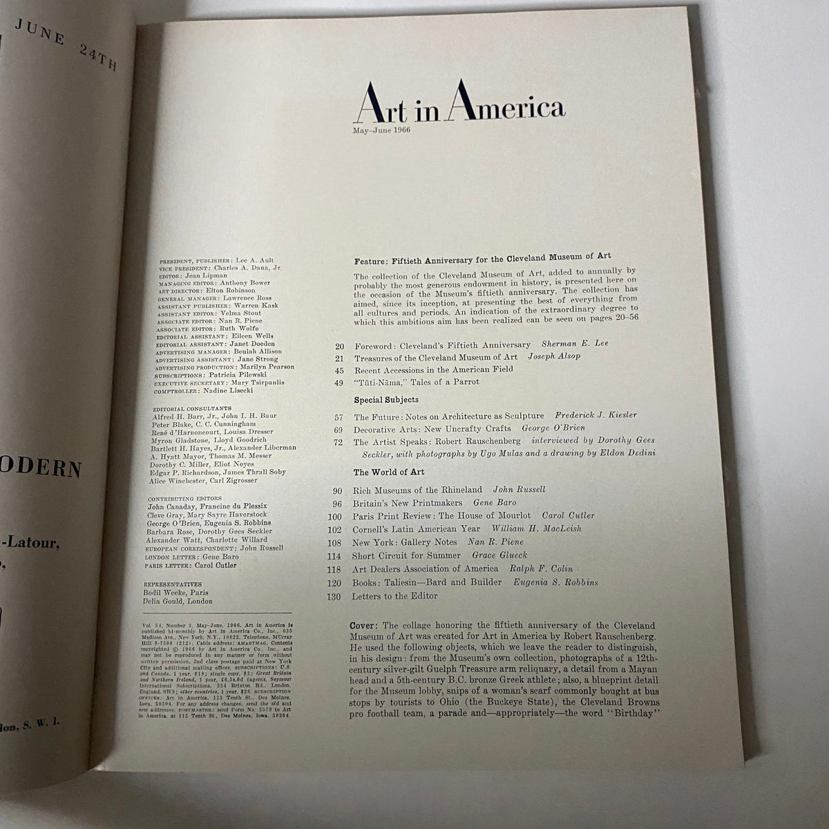 Table of contents from Art in America Magazine May 1966 detailing articles and features including a foreword by Sherman E. Lee.