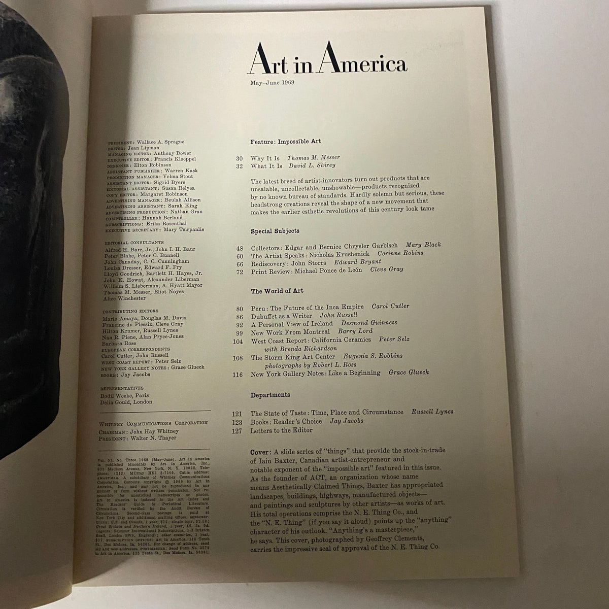 Inside pages of Art in America Magazine May 1969, showcasing articles and features on Impossible Art and contemporary artistic movements.