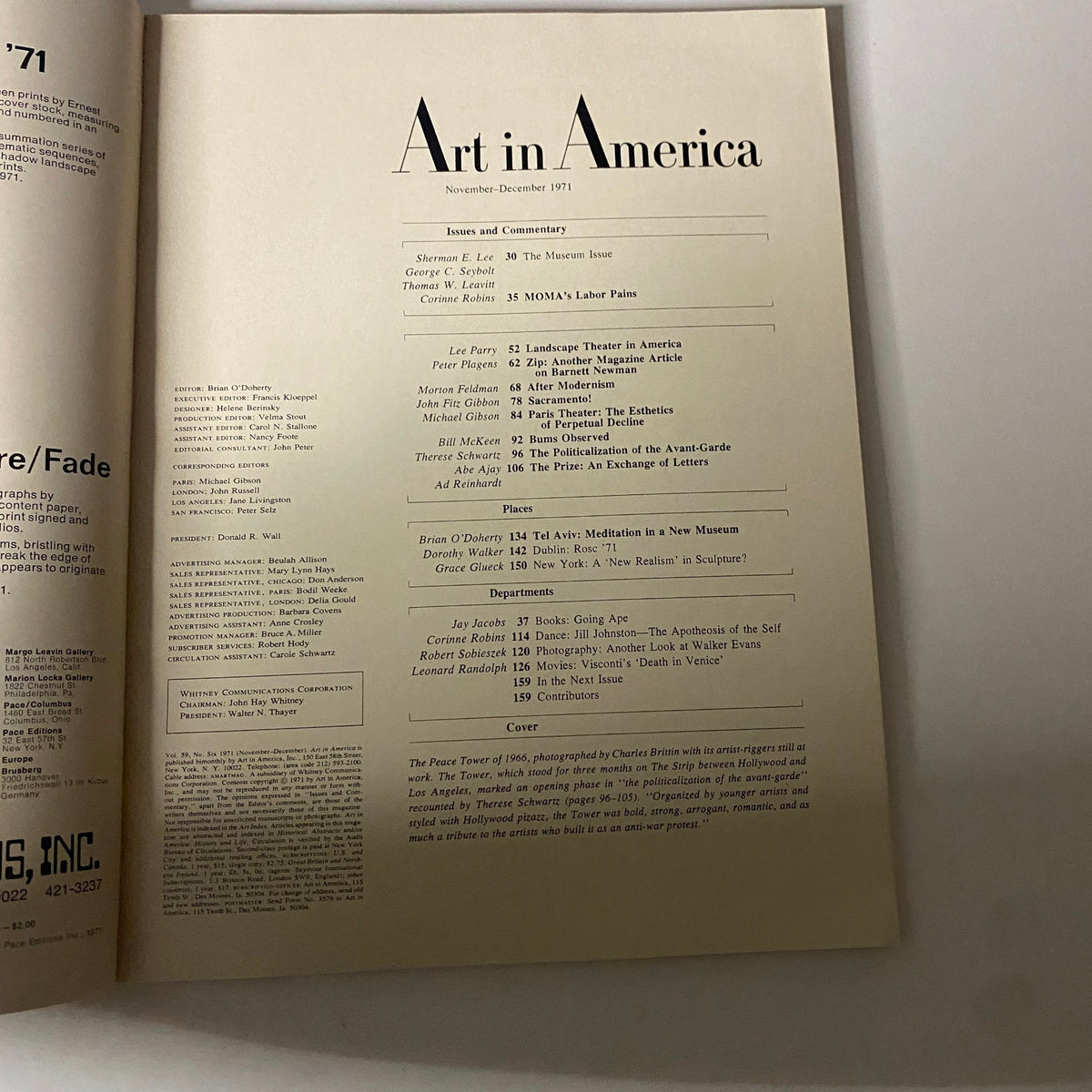 Table of contents page from Art in America Magazine November 1971 detailing key articles and commentary.
