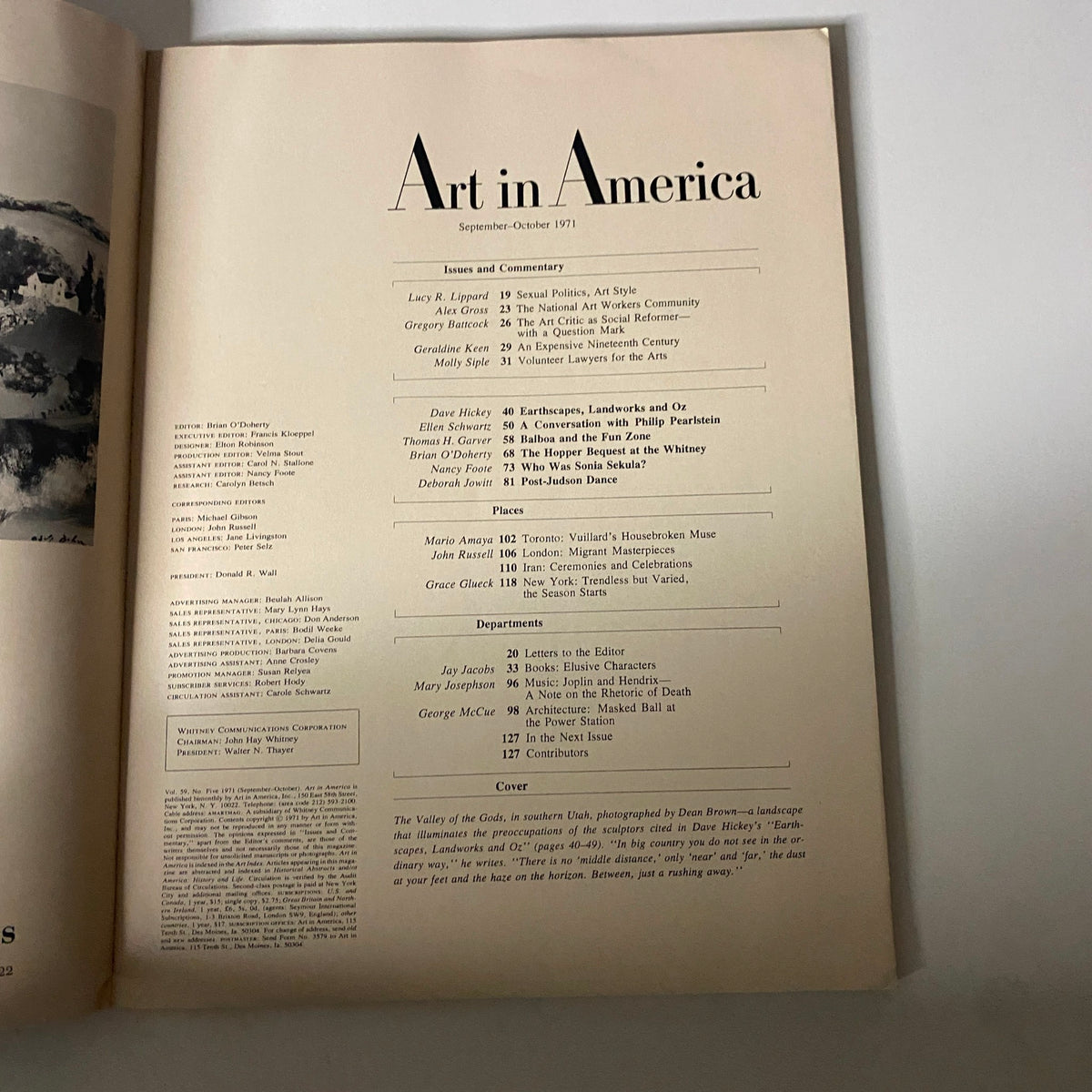 Contents page of the September 1971 issue of Art in America Magazine, detailing articles and commentary on art criticism, social change, and notable artists.