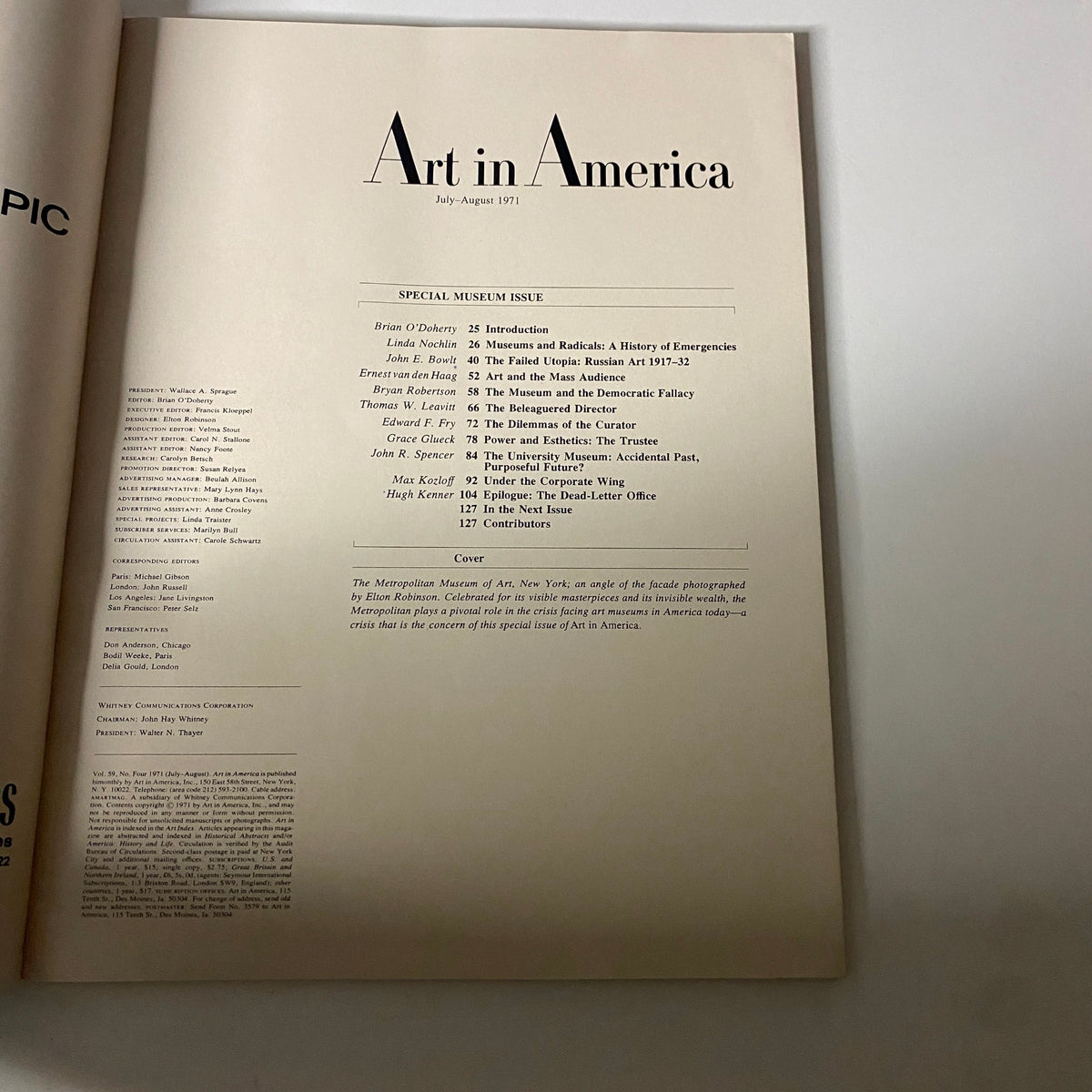 Article list page featuring titles and contributors in Art in America Magazine July 1971, focusing on the Special Museum Issue.