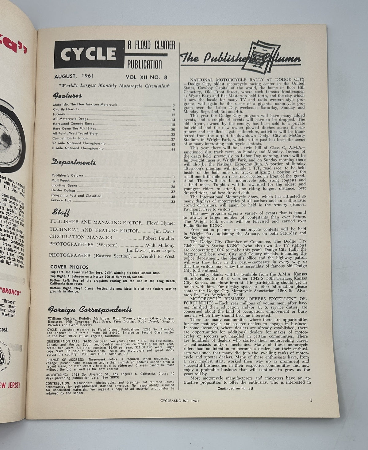 Interior page of Cycle Magazine August 1961 highlighting publication details and editorial notes, part of the renowned motorcycle-focused publication series.