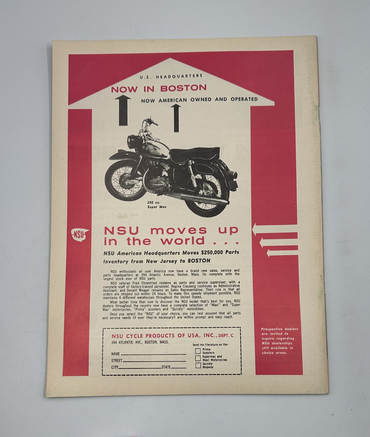 Cycle Magazine August 1961 featuring an advertisement for NSU motorcycle with a bold graphic design highlighting U.S. headquarters moves to Boston. The magazine is in very good condition, showcasing elements related to motorcycle culture and history.