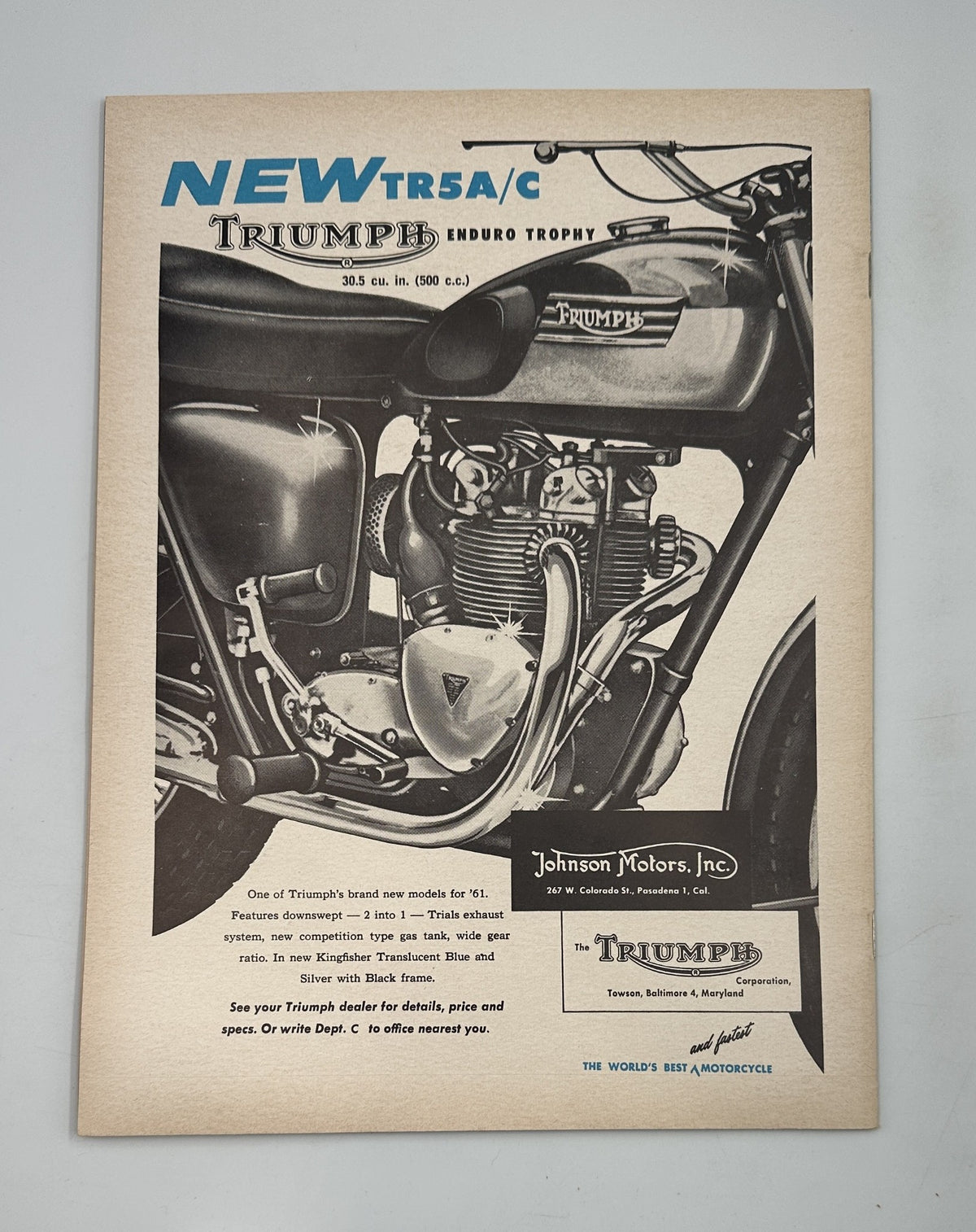 Cover image of Cycle Magazine from March 1961 featuring a BSA Super Road Test, Rocket features, and Yokota Scrambles. The magazine showcases a Triumph motorcycle, highlighting details and specifications in a visually appealing layout.