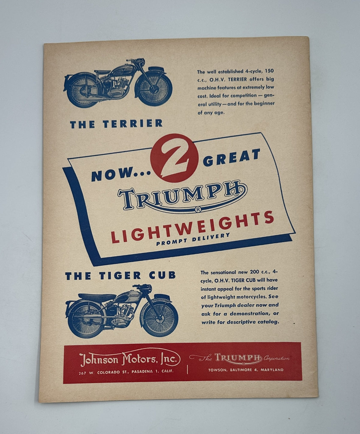 Vintage advertisement featuring Triumph lightweight motorcycles; includes the Terrier and Tiger Cub models, promoting prompt delivery. Title: Cycle Magazine October 1954 Horex Enduro Bay Meadows Harley-Davidson.