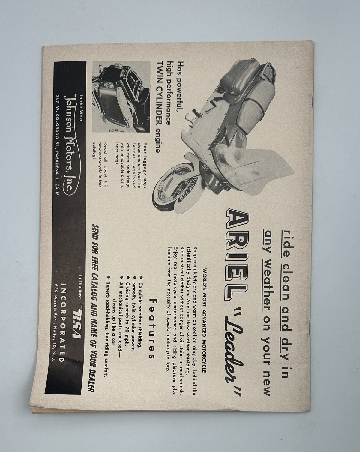 Advertisement page from Cycle Magazine September 1959 for the Ariel 'Leader' motorcycle, highlighting its features and performance.
