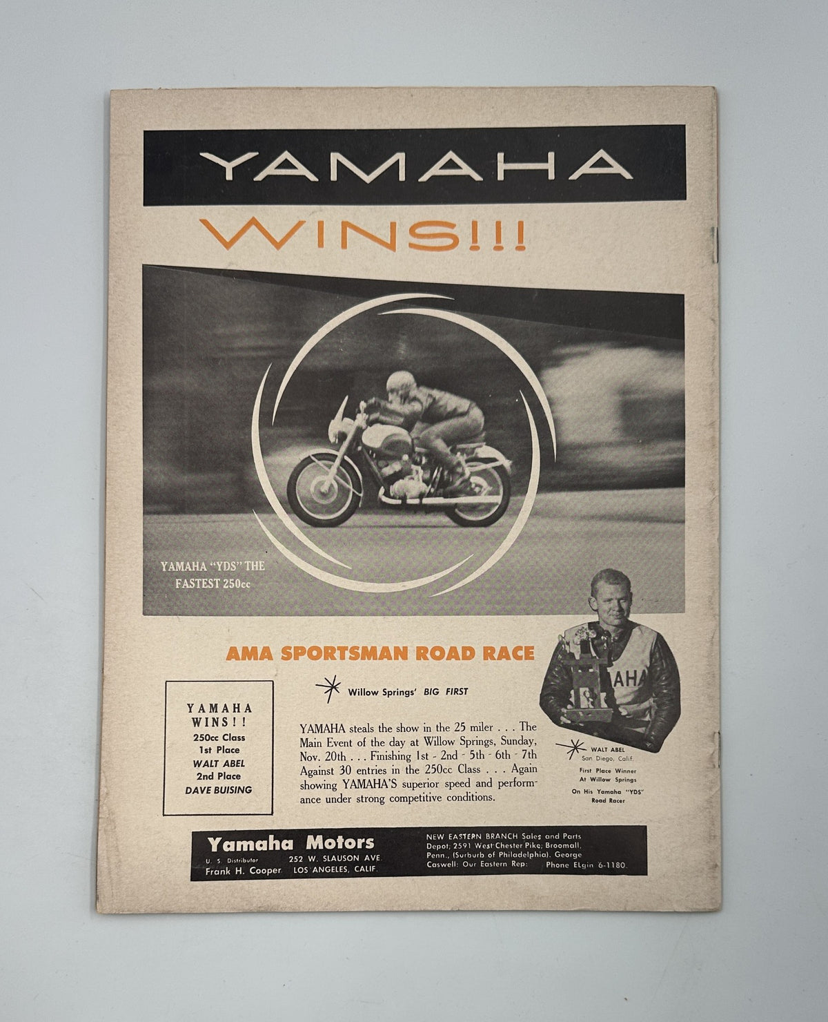 Cycle Magazine February 1961 advertisement for Yamaha motors celebrating their success in the AMA Sportsman Road Race, alongside motorcycle racing imagery.