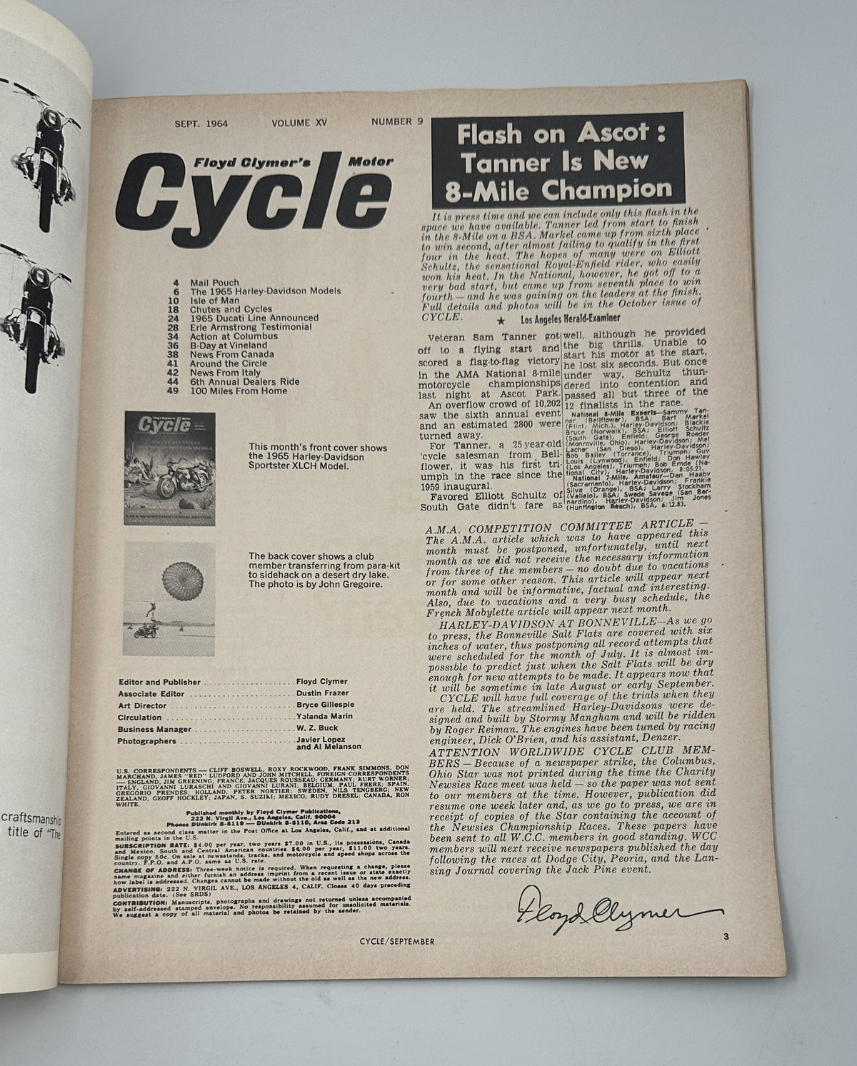 Table of contents page from Cycle Magazine September 1964, detailing features including the 1965 Harley-Davidson Models and Isle of Man report.