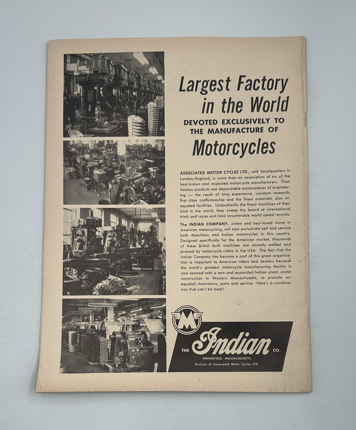 Cycle Magazine October 1959 - Page showcasing the largest factory in the world for motorcycle manufacturing, featuring images related to the Indian Motorcycle Company.