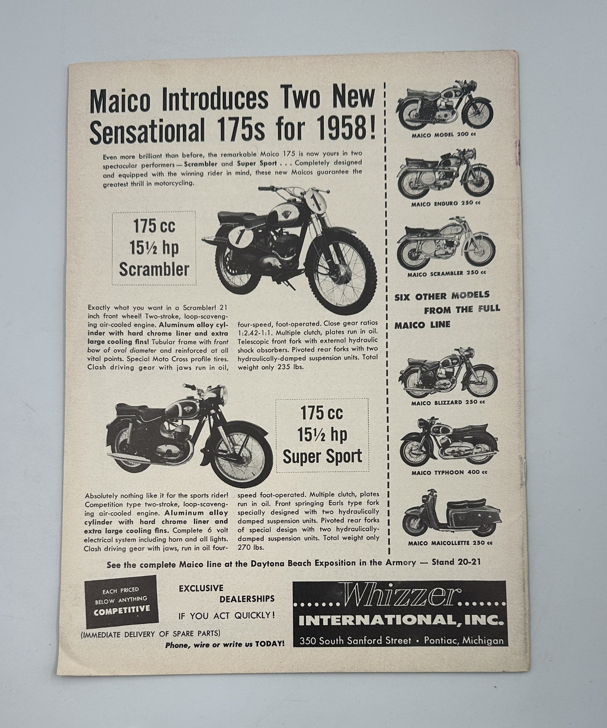 Back cover of Cycle Magazine February 1958, advertising the Maico motorcycles with specifications for the new 175cc model line.