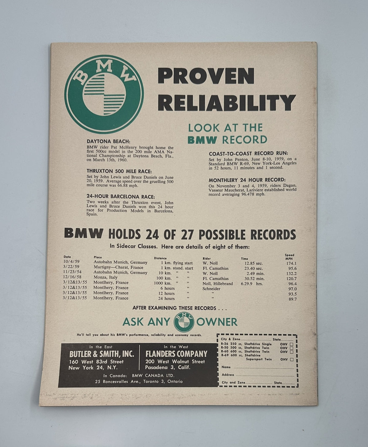 Advertisement page from Cycle Magazine July 1960 showcasing BMW motorcycle reliability with details on records and performance.