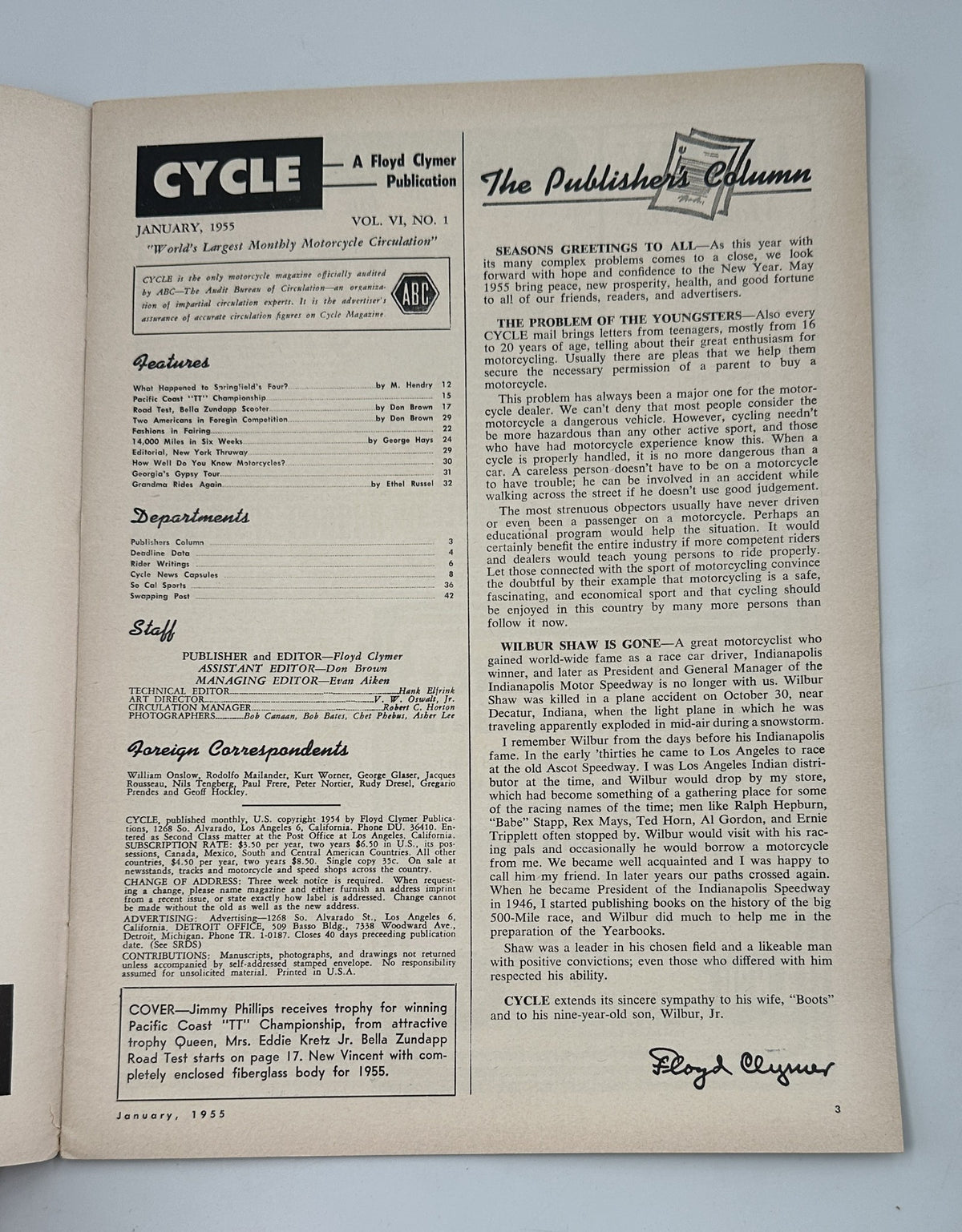 Inside page of Cycle Magazine January 1955 Zundapp Bella Pacific Coast TT Vincent Sports, showcasing the table of contents and publication details.