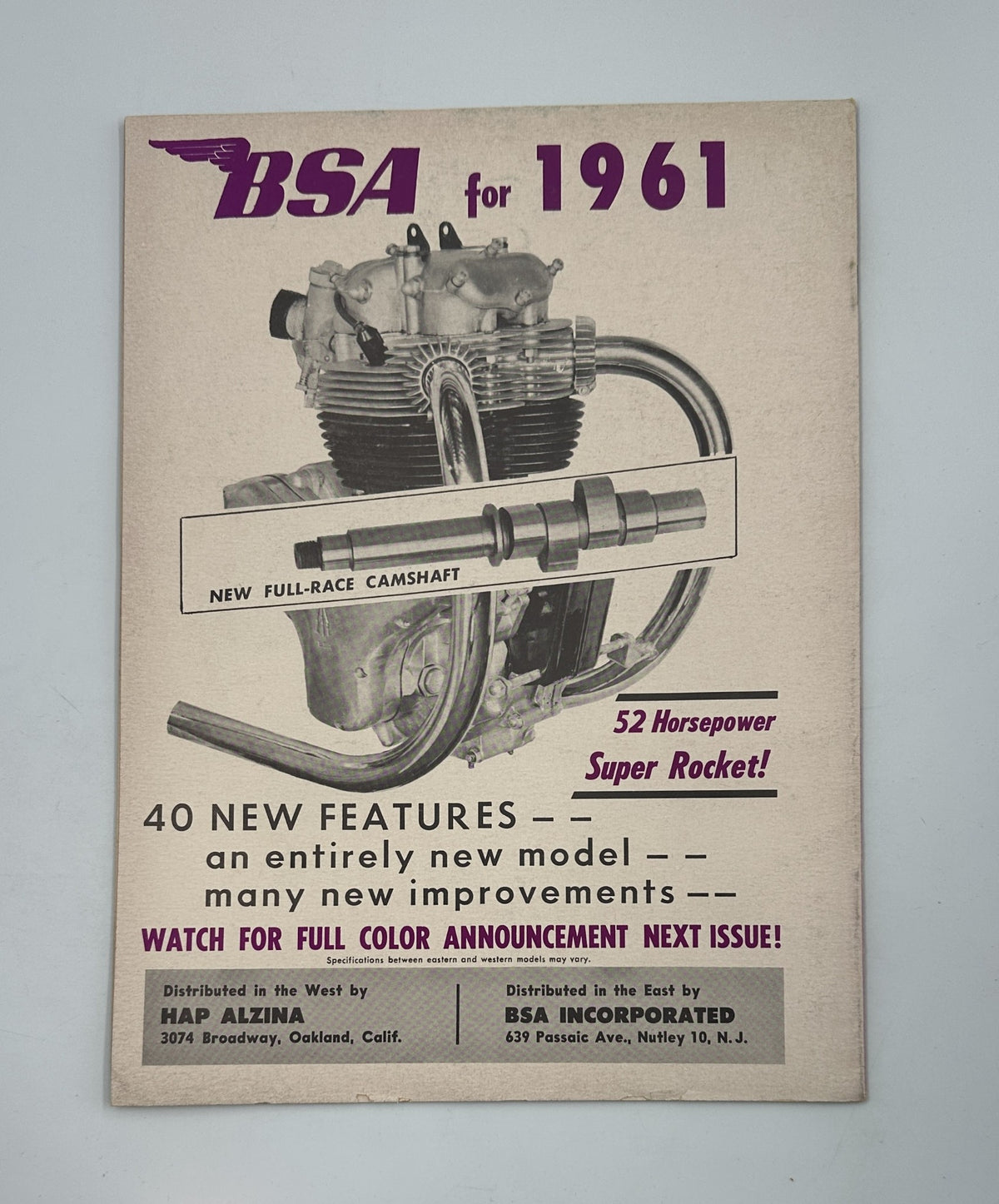 Back cover of the Cycle Magazine January 1961 displaying an advertisement for BSA motorcycles, outlining the new features of the Super Rocket model. Highlights the magazine's focus on motorcycle innovation.