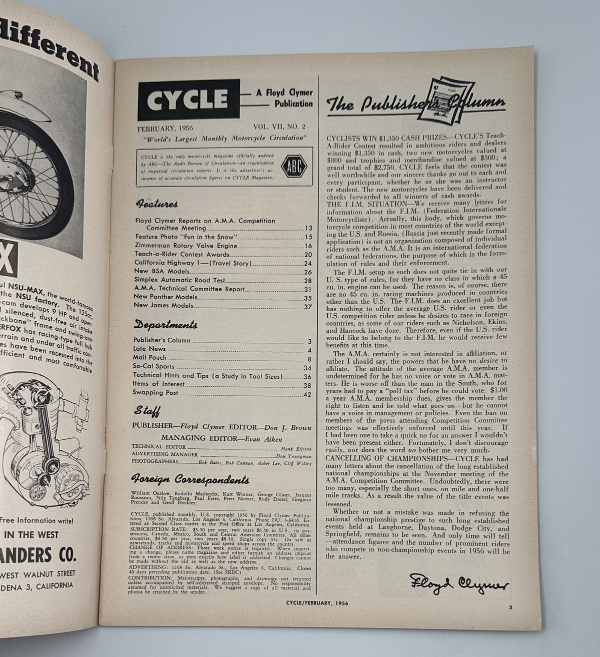 Cycle Magazine February 1956 featuring the Publisher's column and a table of contents highlighting features like Floyd Clymer Reports and A.M.A. Technical Committee Report.