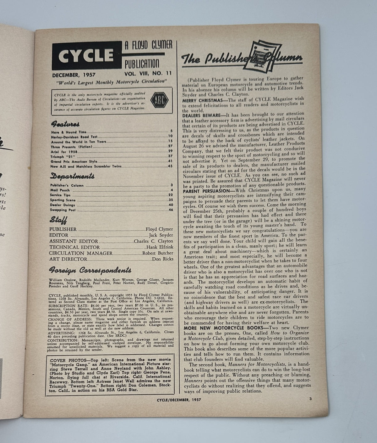 Cycle Magazine December 1957 publication details page, highlighting features and departments of the magazine.