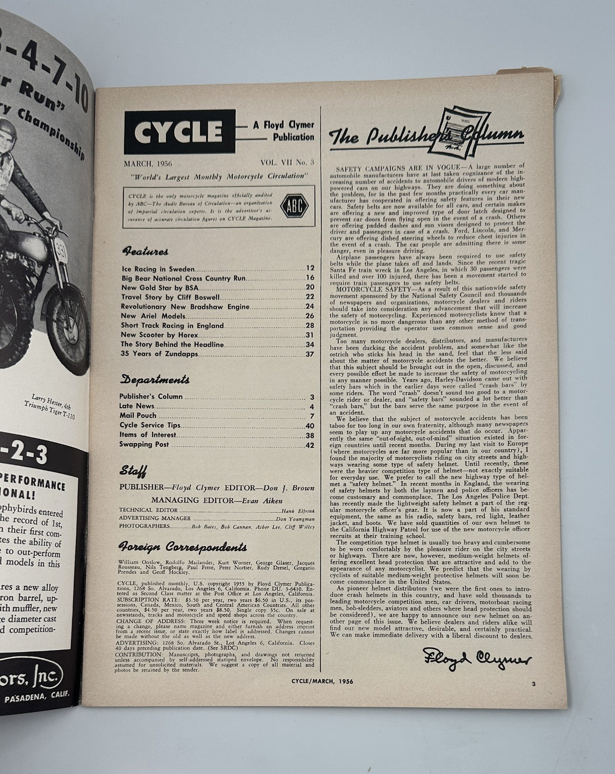 Interior page of Cycle Magazine March 1956, featuring the Table of Contents with features like Ice Racing in Sweden and Big Bear National Cross Country Run.