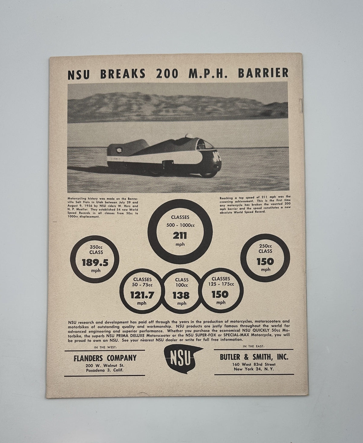 Advertisement in Cycle Magazine October 1956 highlighting NSU breaking the 200 M.P.H. barrier.