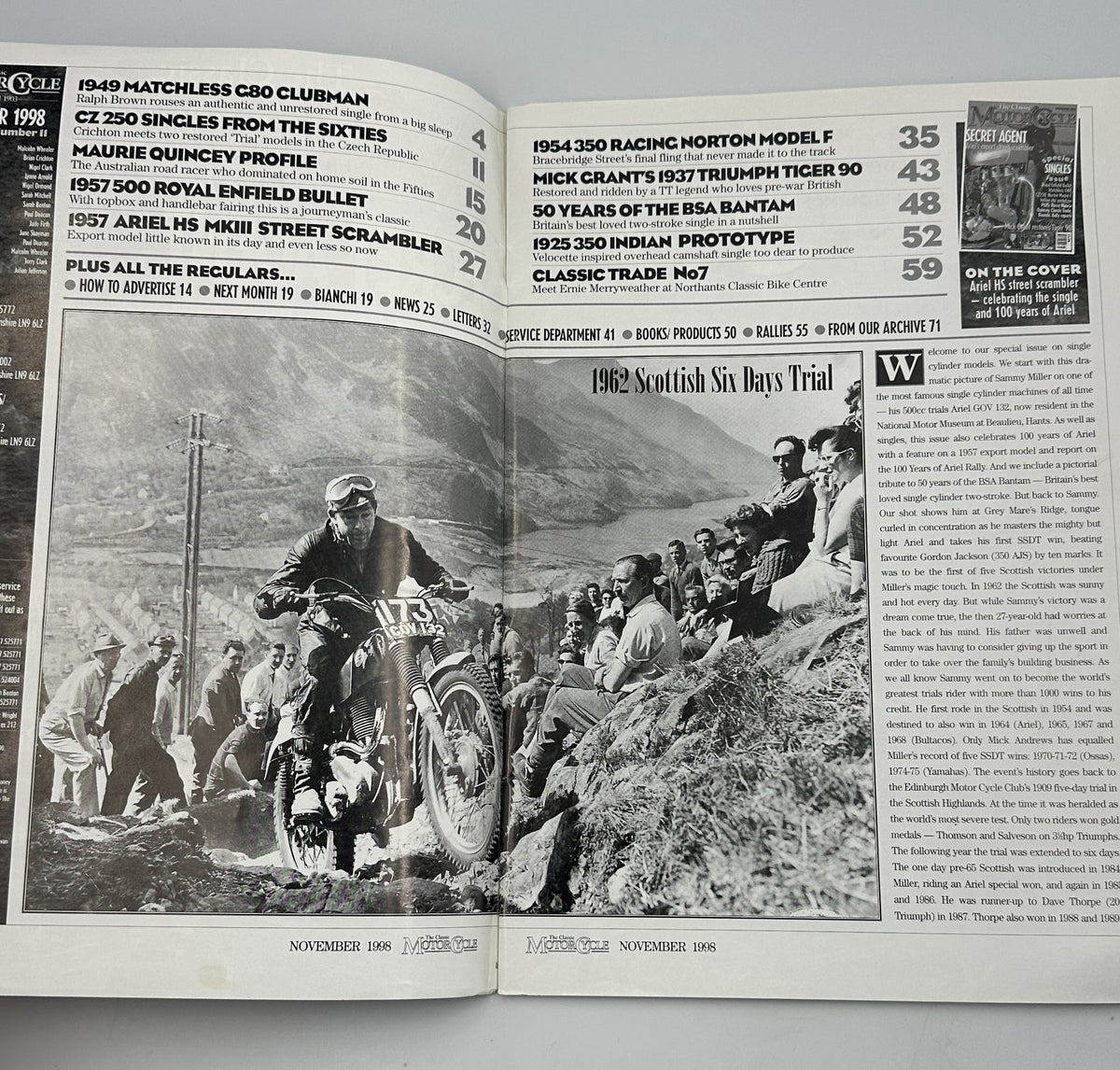 Interior page of The Classic Motorcycle Magazine, November 1998, showcasing various motorcycle articles including a featured story on the 1982 Scottish Six Days Trial.