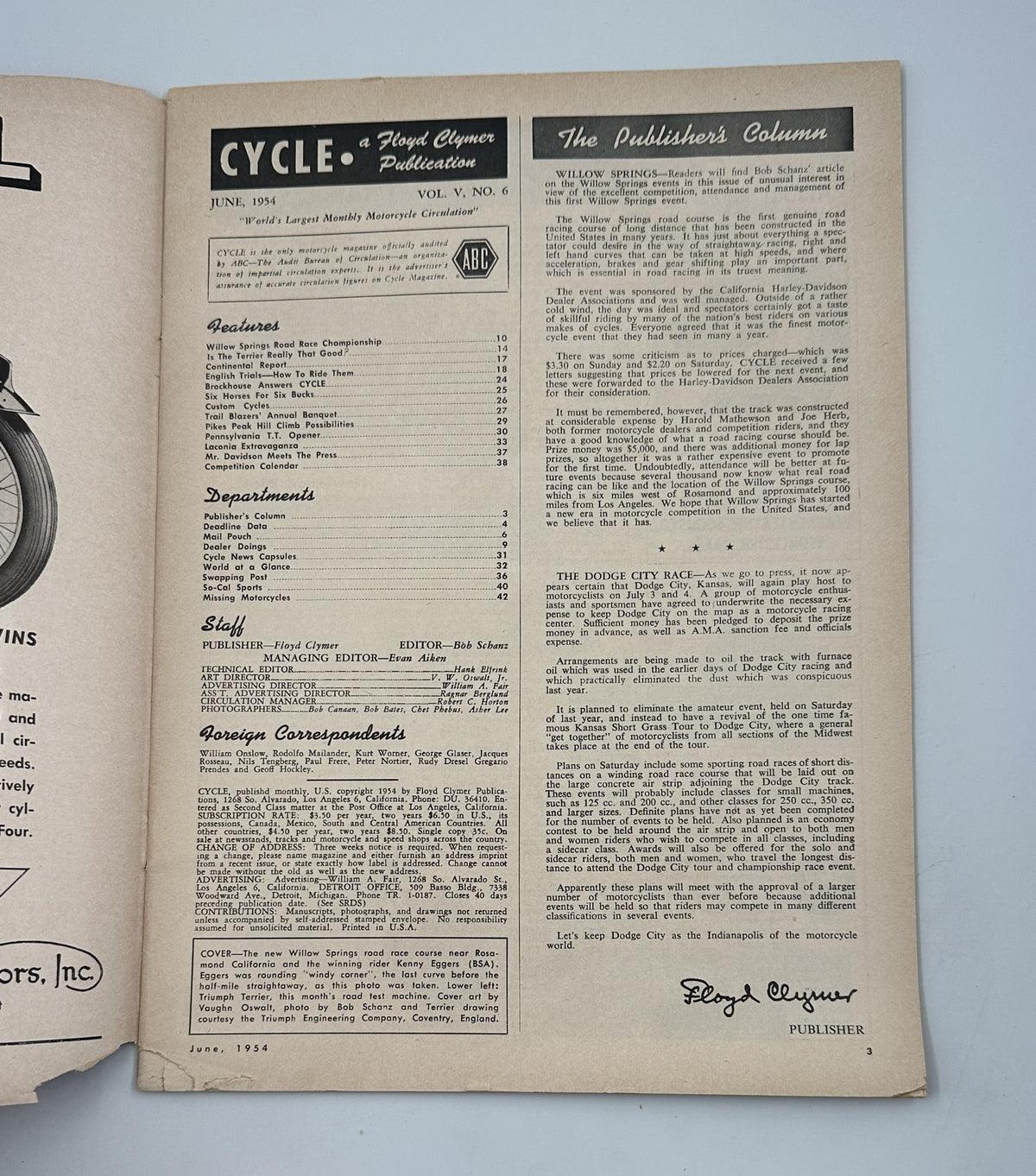 Interior page of Cycle Magazine June 1954 displaying the publisher's column and table of contents for Willow Springs Road Race features.