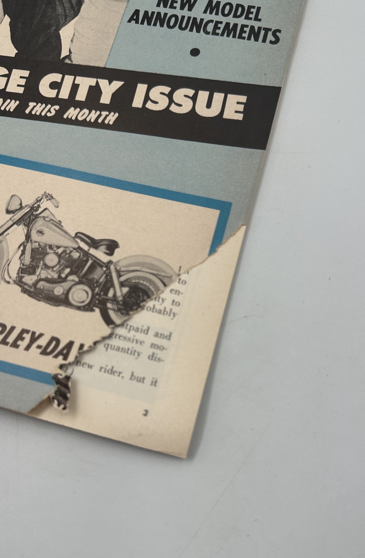 Close-up of the cover of Cycle Magazine November 1957 featuring a Harley-Davidson motorcycle, indicative of the Dodge City issue.