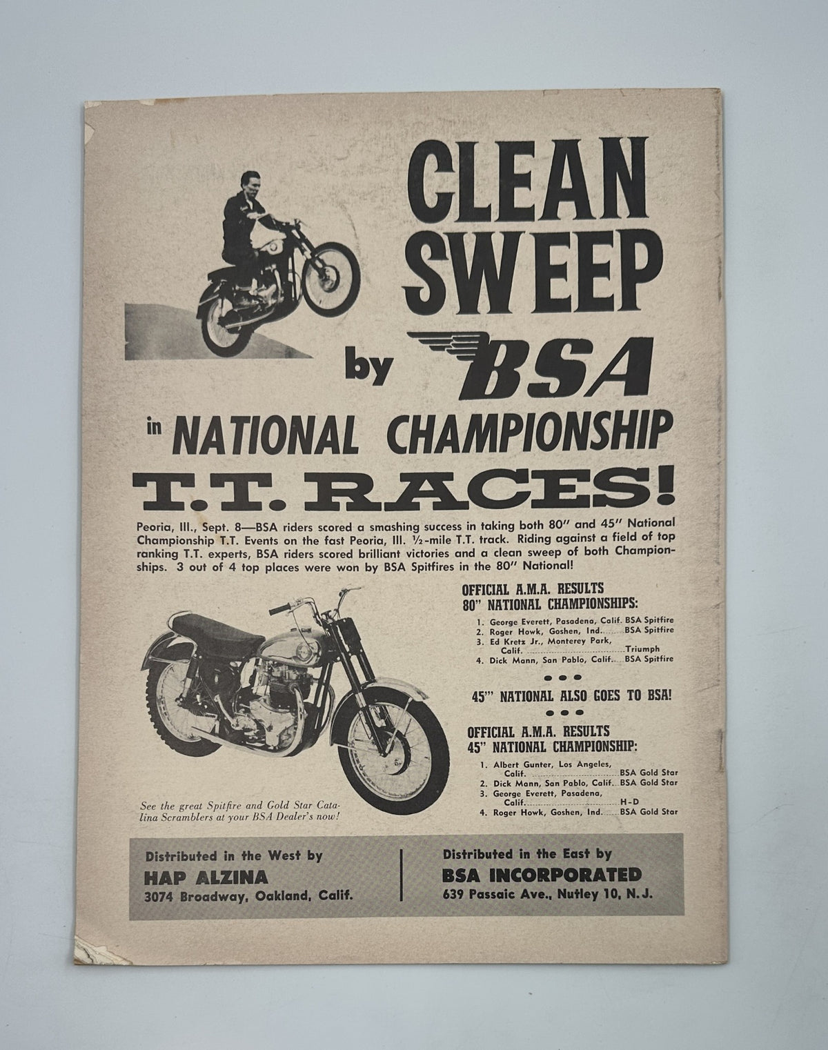 Advertisement page from Cycle Magazine November 1957 promoting BSA motorcycles in national championship races.