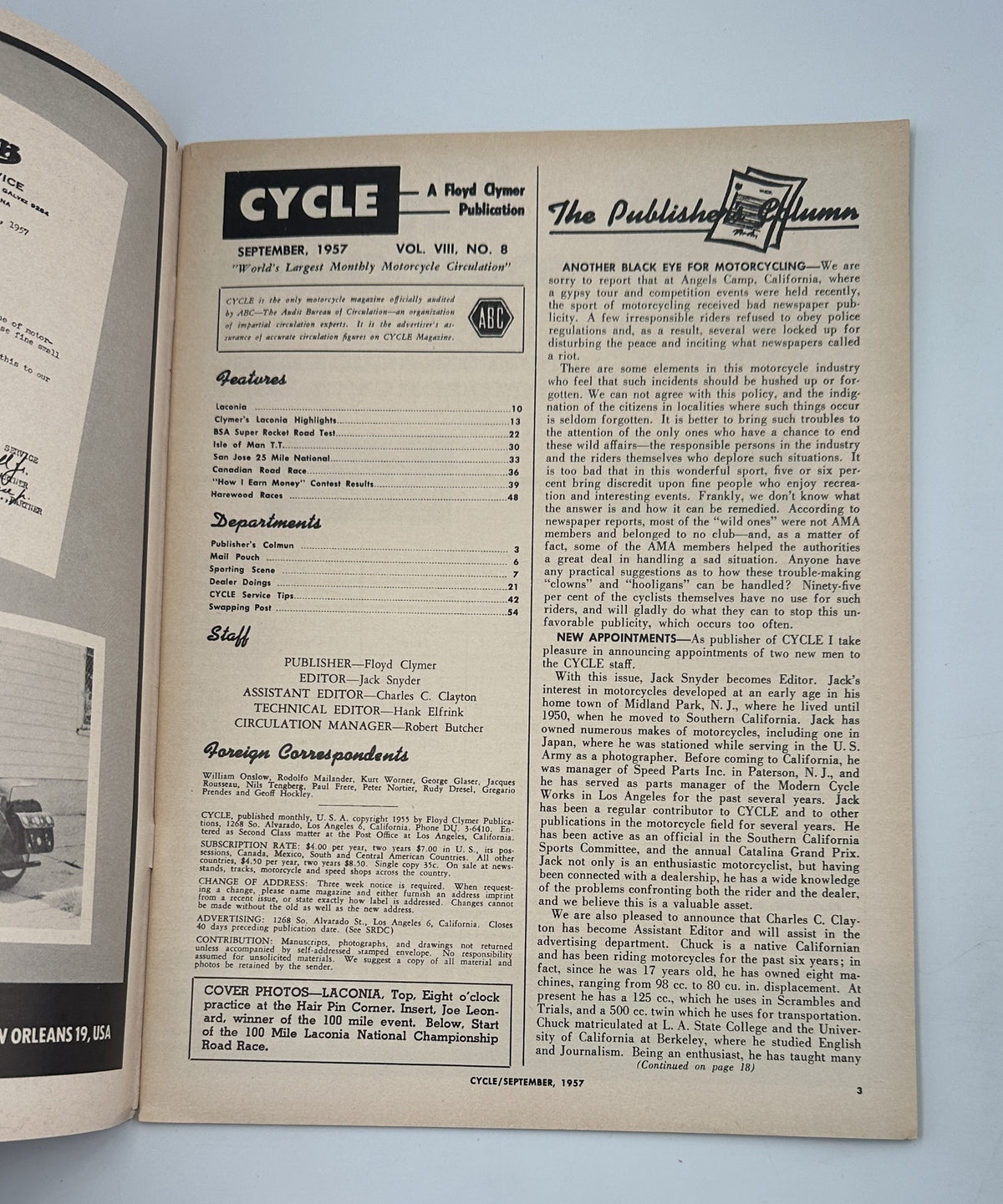 Cycle Magazine September 1957 featuring the publishers column and contents for motorcycle enthusiasts, including articles like Laconia, BSA Super Rocket road test, and Isle of Man T.T.