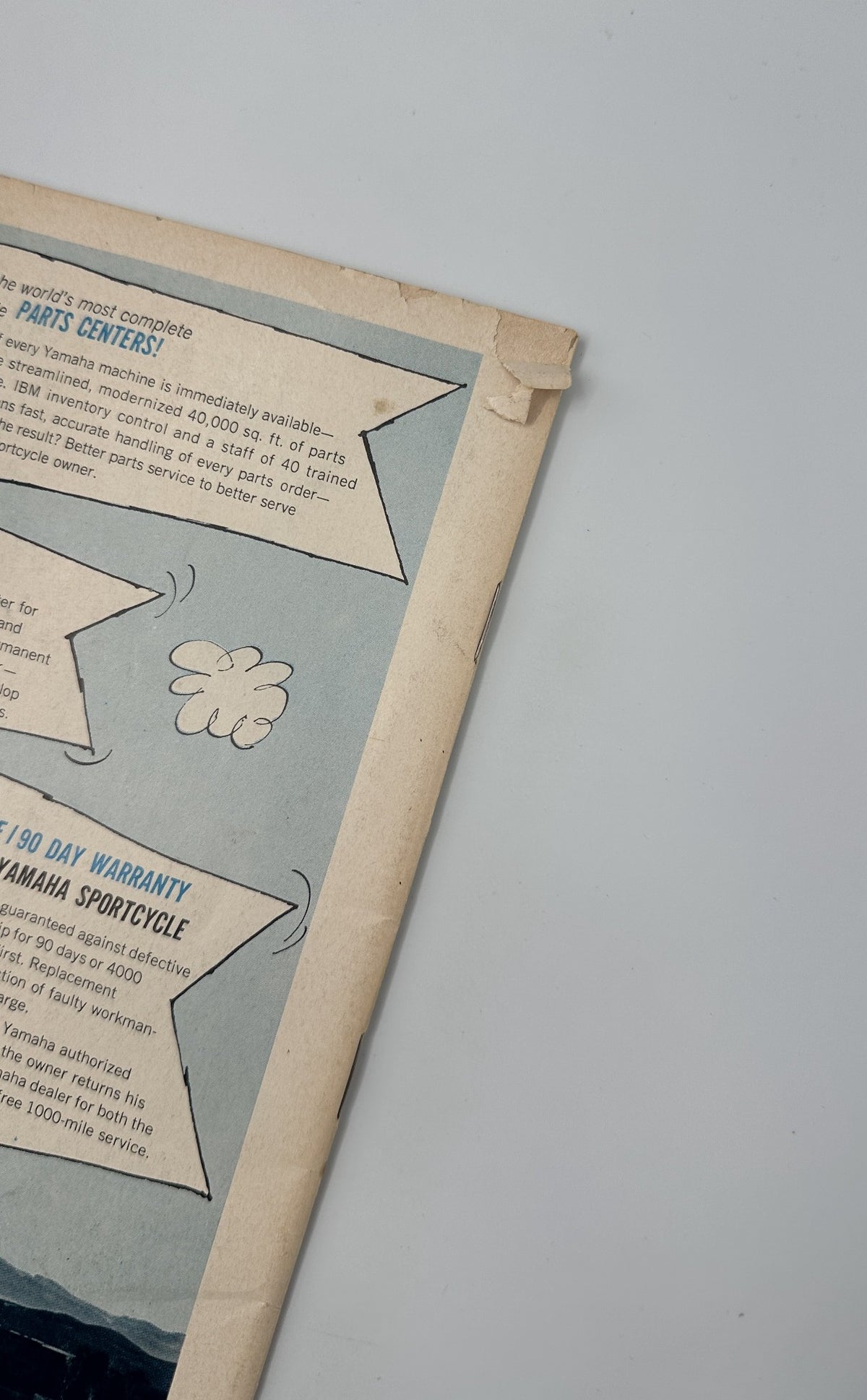 Close-up view of the spines and edges of Cycle Magazine January 1965, showing significant wear and tear indicative of its reader condition.