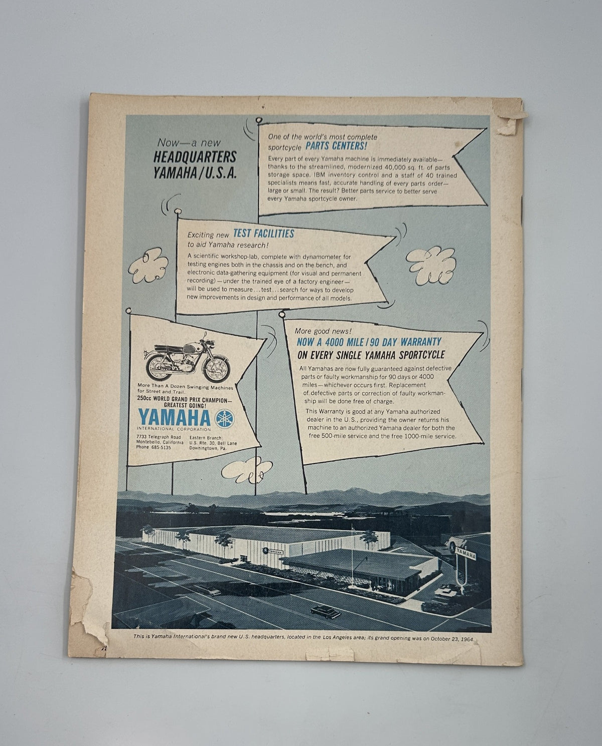 Advert from Cycle Magazine January 1965 announcing the new Yamaha headquarters in the U.S., highlighting Yamaha's motorbike facilities and warranty services.